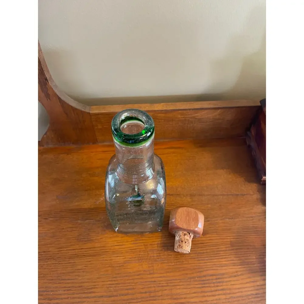Casta Green Hand Blown Tequilla Bottle w/ Glass Agave Inside & Wood / Cork Top